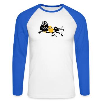 Freundschaft Eule,Küken und Vogel Drei Freunde - Unisex Baseballshirt langarm - Weiß/Royalblau - Vorne - Nik (191cm)