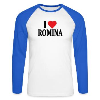 Ich liebe T-Shirt Romina T-Shirt Geschenkidee - Unisex Baseballshirt langarm - Weiß/Royalblau - Vorne - Nik (191cm)