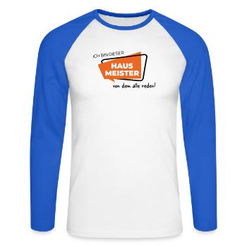 Hausmeister - Unisex Baseballshirt langarm - Weiß/Royalblau - Vorne - Nik (191cm)