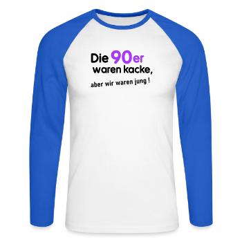 90er waren kacke - Unisex Baseballshirt langarm - Weiß/Royalblau - Vorne - Nik (191cm)