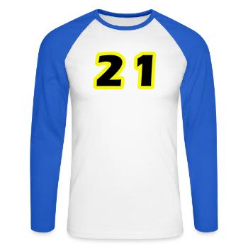21 Symbole numérique - T-shirt baseball manches longues Homme - blanc/bleu royal - Devant - Nik (191cm)