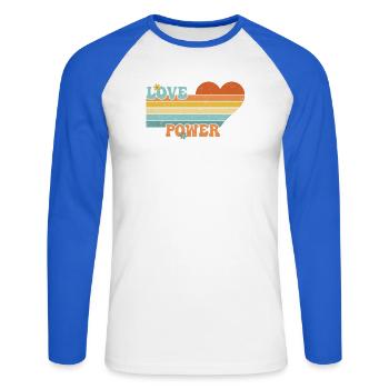 Love Power - Retro 60's 70's Love Heart - Unisex Baseballshirt langarm - Weiß/Royalblau - Vorne - Nik (191cm)