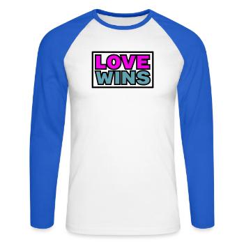 Love Wins Quote Graphic - Unisex Long Sleeve Baseball T-Shirt - white/royal blue - Front - Nik (191cm)