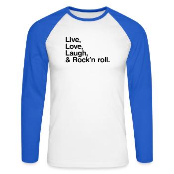 live love laugh and rock and roll - Unisex Baseballshirt langarm - Weiß/Royalblau - Vorne - Nik (191cm)