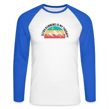 Ultra Running ist meine Therapie - Unisex Baseballshirt langarm - Weiß/Royalblau - Vorne - Nik (191cm)
