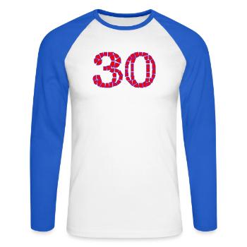 30. 30 ANS. 30e ANNIVERSAIRE. ANNIVERSAIRE 30 ANS. - T-shirt baseball manches longues Homme - blanc/bleu royal - Devant - Nik (191cm)