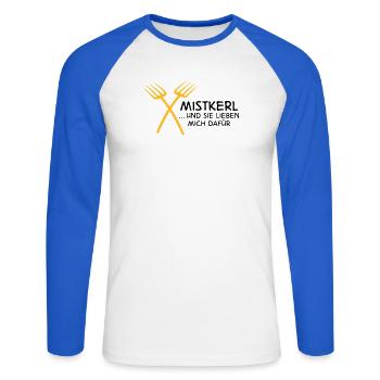 2541614 15142795 mistkerl - Unisex Long Sleeve Baseball T-Shirt - white/royal blue - Front - Nik (191cm)