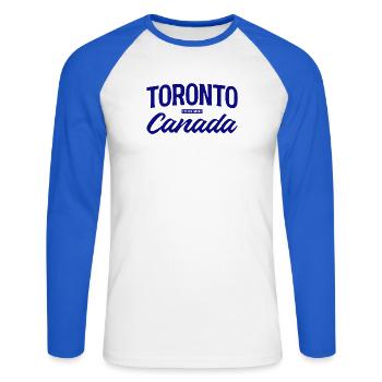 Toronto Canada Lettering Design - T-shirt baseball manches longues Homme - blanc/bleu royal - Devant - Nik (191cm)