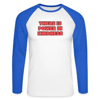 Power in Kindness – Mutige Retro-Typografie - Unisex Baseballshirt langarm - Weiß/Royalblau - Vorne - Nik (191cm)