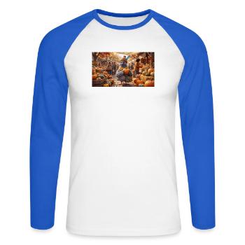 Pigeon mignon avec une citrouille au marché d’automne - T-shirt baseball manches longues Homme - blanc/bleu royal - Devant - Nik (191cm)