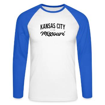 Lettrage vintage de Kansas City Missouri - T-shirt baseball manches longues Homme - blanc/bleu royal - Devant - Nik (191cm)