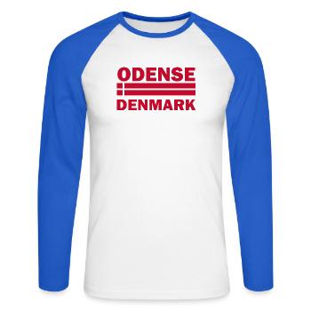 Odense, Dänemark Gestreifte Flagge - Unisex Baseballshirt langarm - Weiß/Royalblau - Vorne - Nik (191cm)
