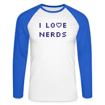 J’adore les nerds - T-shirt baseball manches longues Homme - blanc/bleu royal - Devant - Nik (191cm)