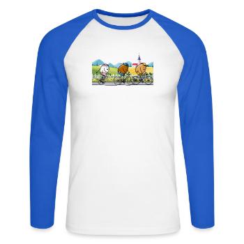 Balade à vélo entre amis - T-shirt baseball manches longues Homme - blanc/bleu royal - Devant - Nik (191cm)