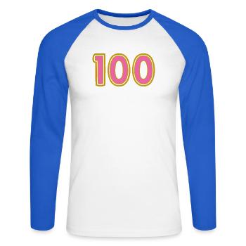 100. 100 JAHRE. 100-JÄHRIGES JUBILÄUM. GEBURTSTAG 100 - Unisex Baseballshirt langarm - Weiß/Royalblau - Vorne - Nik (191cm)
