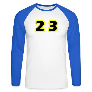 23 Zahl symbol - Unisex Baseballshirt langarm - Weiß/Royalblau - Vorne - Nik (191cm)