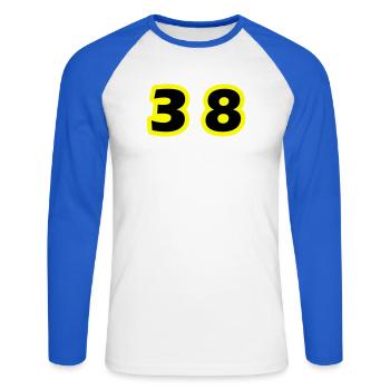 38 Zahl symbol - Unisex Baseballshirt langarm - Weiß/Royalblau - Vorne - Nik (191cm)