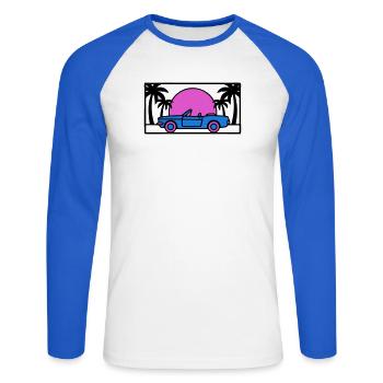 Cabrio Palmen Sunset Grafik - Unisex Baseballshirt langarm - Weiß/Royalblau - Vorne - Nik (191cm)