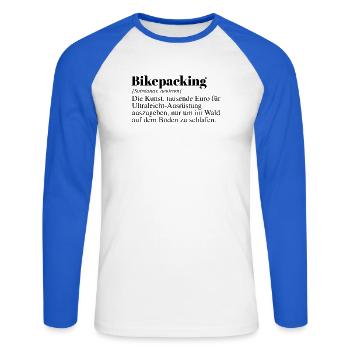 Bikepacking Duden Spruch - Unisex Baseballshirt langarm - Weiß/Royalblau - Vorne - Nik (191cm)