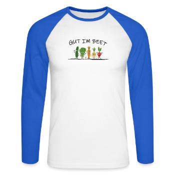 Good in the Bed – Funny Saying Vegetable Garden Veggie - Unisex Long Sleeve Baseball T-Shirt - white/royal blue - Front - Nik (191cm)
