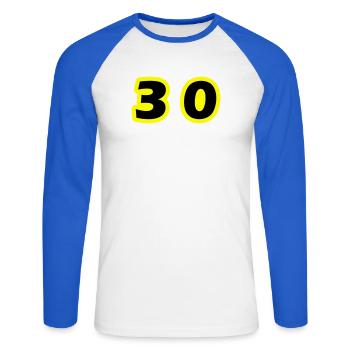 30 Number Symbol - Unisex Long Sleeve Baseball T-Shirt - white/royal blue - Front - Nik (191cm)