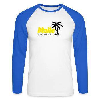 Malle ist nur einmal im Jahr 2027 – gelb - Unisex Baseballshirt langarm - Weiß/Royalblau - Vorne - Nik (191cm)