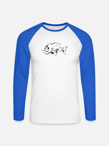 piranha symbol cartoon sketch drawing icon - Unisex Long Sleeve Baseball T-Shirt - white/royal blue