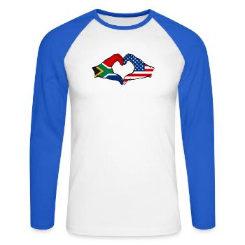 South Africa USA Flag Hands Heart Shape - Unisex Long Sleeve Baseball T-Shirt - white/royal blue - Front - Nik (191cm)