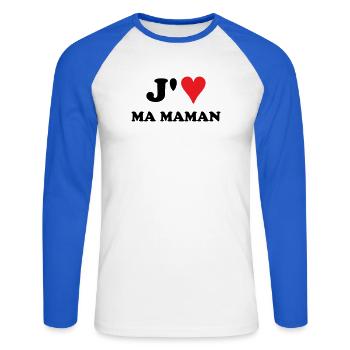 J'aime ma maman - T-shirt baseball manches longues Homme - blanc/bleu royal - Devant - Nik (191cm)