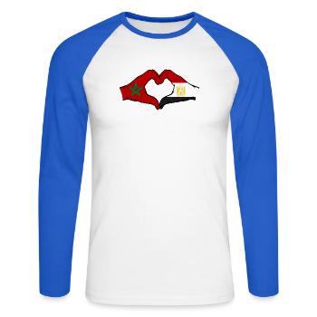 Morocco Egypt Flag Hands Heart Shape - Unisex Long Sleeve Baseball T-Shirt - white/royal blue - Front - Nik (191cm)
