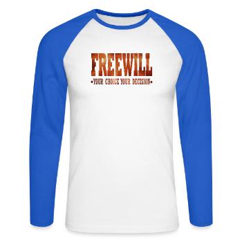 FreeWill - Unisex Long Sleeve Baseball T-Shirt - white/royal blue - Front - Nik (191cm)