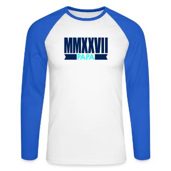Annonce du bébé 2027 - Papa - T-shirt baseball manches longues Homme - blanc/bleu royal - Devant - Nik (191cm)