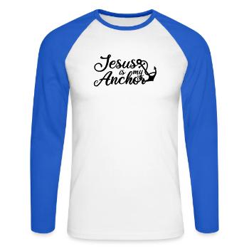 Jesus is my Anchor - Unisex Baseballshirt langarm - Weiß/Royalblau - Vorne - Nik (191cm)