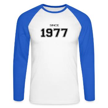 Depuis 1977 année de naissance ou d'évènement - T-shirt baseball manches longues Homme - blanc/bleu royal - Devant - Nik (191cm)