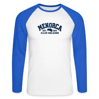 Menorca - Insel - Mittelmeer - Spanien - Balearen - Unisex Baseballshirt langarm - Weiß/Royalblau - Vorne - Nik (191cm)