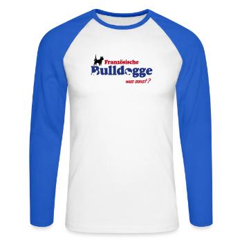 Französische Bulldogge Logo - Unisex Baseballshirt langarm - Weiß/Royalblau - Vorne - Nik (191cm)