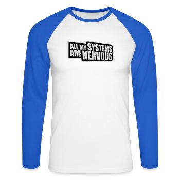 Tous mes systèmes sont nerveux, peur drôle, logo de nerd - T-shirt baseball manches longues Homme - blanc/bleu royal - Devant - Nik (191cm)