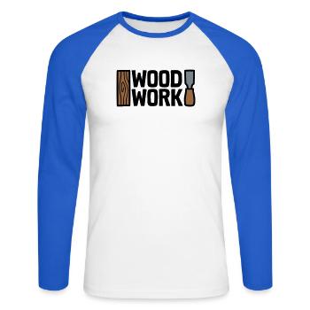 Wood Work Schriftzug Logo - Unisex Baseballshirt langarm - Weiß/Royalblau - Vorne - Nik (191cm)