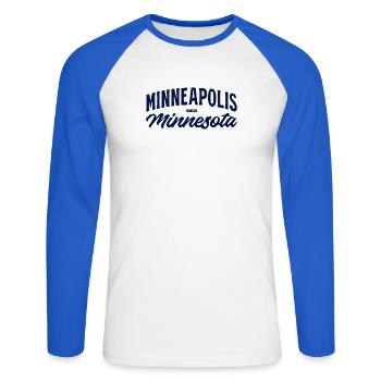 Minneapolis, Minnesota Script Blue Vintage - T-shirt baseball manches longues Homme - blanc/bleu royal - Devant - Nik (191cm)