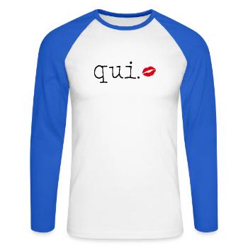 Qui - Little French Speaking - Unisex Baseballshirt langarm - Weiß/Royalblau - Vorne - Nik (191cm)