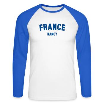 NANCY France - Unisex Baseballshirt langarm - Weiß/Royalblau - Vorne - Nik (191cm)