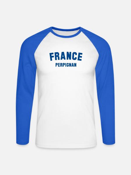 PERPIGNAN, France, France - Unisex Long Sleeve Baseball T-Shirt - white/royal blue