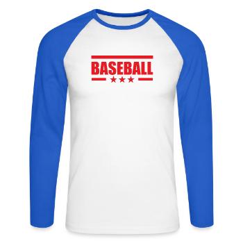 Baseball – Sport *** - Unisex Baseballshirt langarm - Weiß/Royalblau - Vorne - Nik (191cm)