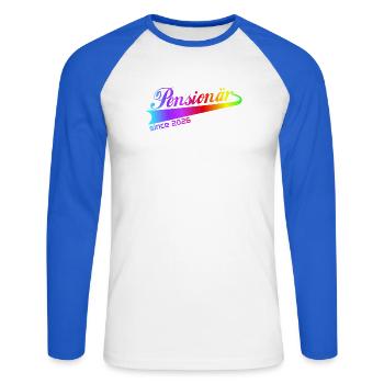 Pensionär 2026 Renten Hoodie, Tasse, Shirt - Unisex Baseballshirt langarm - Weiß/Royalblau - Vorne - Nik (191cm)