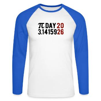 Pi Day 2026 avec le jeu des chiffres | Numéro de district 3.1415 - T-shirt baseball manches longues Homme - blanc/bleu royal - Devant - Nik (191cm)