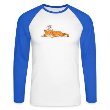 Chat endormi avec souris joyeuse - T-shirt baseball manches longues Homme - blanc/bleu royal - Devant - Nik (191cm)