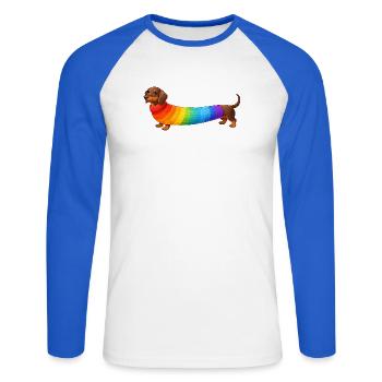 Dackel mit Regenbogen Pullover  - Unisex Baseballshirt langarm - Weiß/Royalblau - Vorne - Nik (191cm)