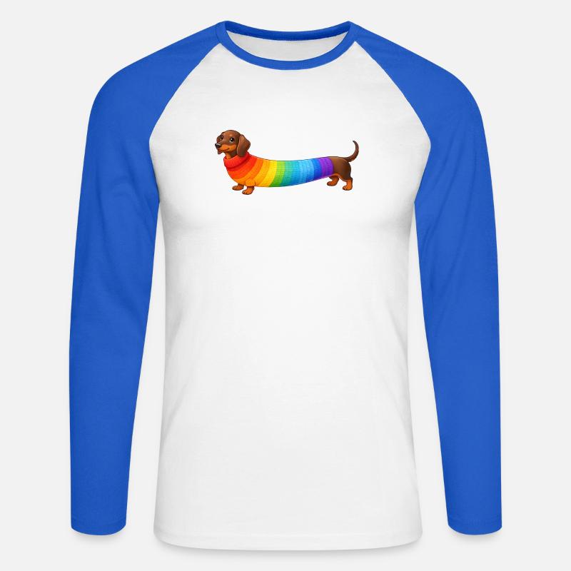 Dackel mit Regenbogen Pullover  - Unisex Baseballshirt langarm - Weiß/Royalblau