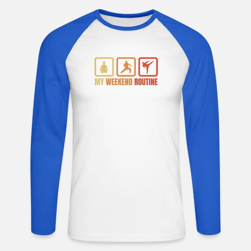 Karateka Wochenendroutine - Unisex Baseballshirt langarm - Weiß/Royalblau