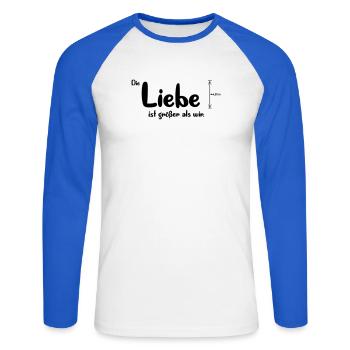 Liebe ist größer - Unisex Baseballshirt langarm - Weiß/Royalblau - Vorne - Nik (191cm)